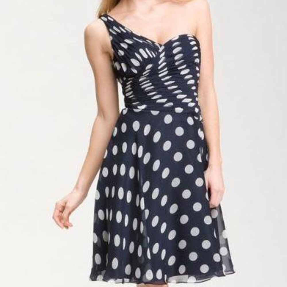 Adrianna Papell One Shoulder Pleat Detail Polka Do